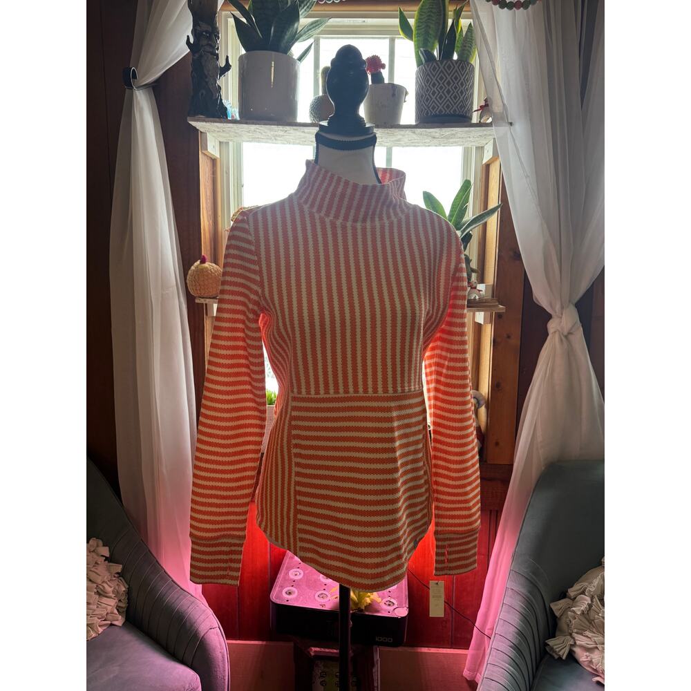 T by Talbots petite small nwt orange white stripe top long sleeve